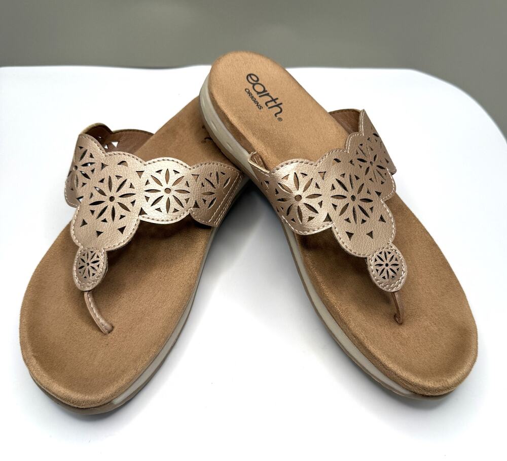 Earth Origins Beige Leather Floral Cut-Out Thong Slip On Sandals Comfort US 10M